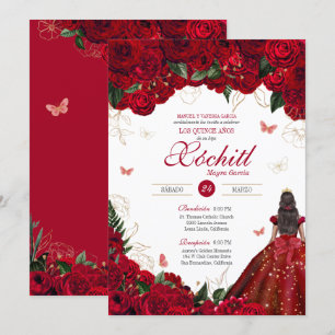Invitation Roses rouges Elégante Florale & Papillon Quinceane