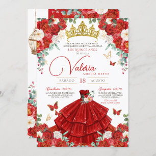 Invitation Roses rouges Élégante princesse papillon Quinceañe