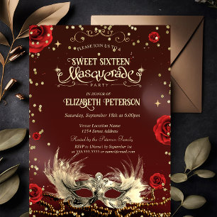 Invitation Roses rouges élégantes Masque or Perles Sweet 16