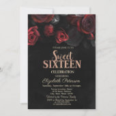 Invitation Roses Rouges Élégantes Noires Douces 16 Ans (Devant)