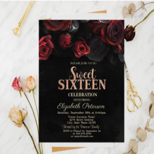 Invitation Roses Rouges Élégantes Noires Douces 16 Ans