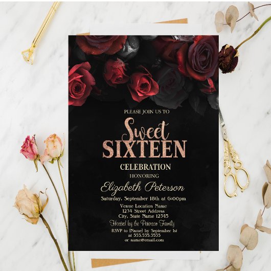 Invitation Roses Rouges Élégantes Noires Douces 16 Ans