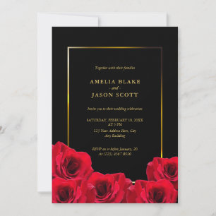 Invitation Roses rouges en noir   Cadre Gold avec Mariage pho
