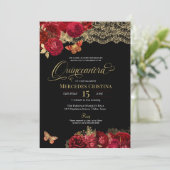 Invitation Roses rouges et dentelle dorée papillon Quinceañer (Debout devant)