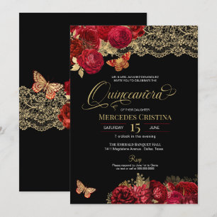 Invitation Roses rouges et dentelle dorée papillon Quinceañer