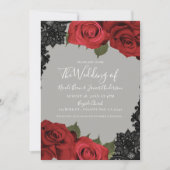 Invitation Roses rouges et dentelle noire Mariage chic gris (Devant)