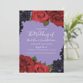 Invitation Roses rouges et dentelle noire Mariage chic violet (Debout devant)