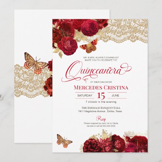 Invitation Roses rouges et dentelle papillon glamour Quinceañ (Devant / Derrière)