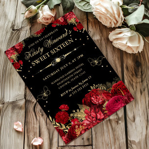 Invitation Roses Rouges et Dorées en Bordure Florale pour un 