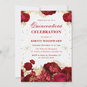 Invitation Roses rouges et dorées Quinceanera floral