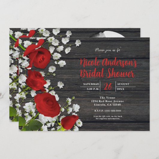 Invitation Roses rouges et haleine de bébé sur Fête des marié (Devant / Derrière)