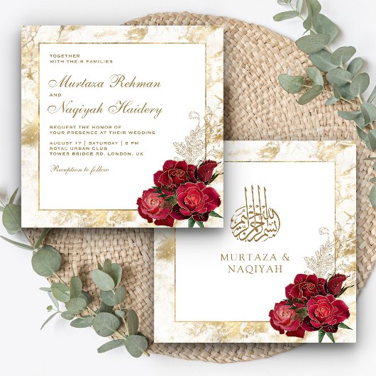 Invitation Roses rouges et marbre d'or Mariage musulman islam
