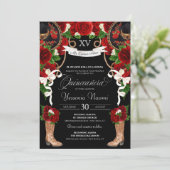 Invitation Roses rouges et Mariachi noire Vaquera Quinceanera (Debout devant)