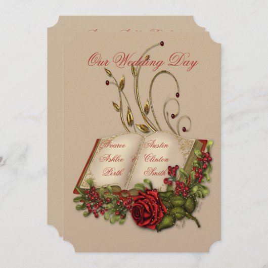 Invitation Roses rouges et or Open Bible Mariage (Devant / Derrière)