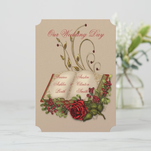 Invitation Roses rouges et or Open Bible Mariage (Debout devant)