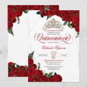Invitation Roses rouges et or Tiara Elegant Quinceañera (Devant / Derrière)