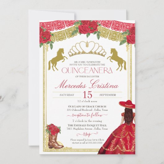 Invitation Roses rouges et or Western Charro robe Quinceañera (Devant)