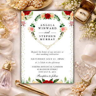 Invitation Roses Rouges et Oranges Couronne de Fleurs en Form