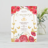 Invitation Roses rouges et papillons Parties scintillant or Q (Debout devant)