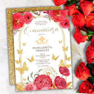 Invitation Roses rouges et papillons Parties scintillant or Q