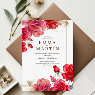 Invitation Roses rouges et poussière d'or Élégant Mariage mod