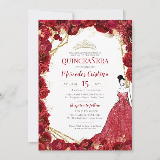 Invitation Roses rouges et Quinceanera d'or (Devant)