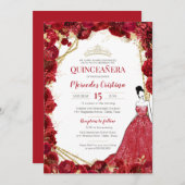 Invitation Roses rouges et Quinceanera d'or (Devant / Derrière)