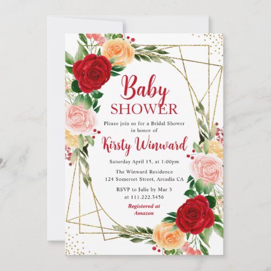 Invitation Roses rouges et roses et Baby shower cadre or (Devant)