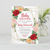 Invitation Roses rouges et roses et Baby shower cadre or (Debout devant)