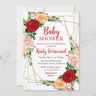 Invitation Roses rouges et roses et cadre doré pour Baby Show
