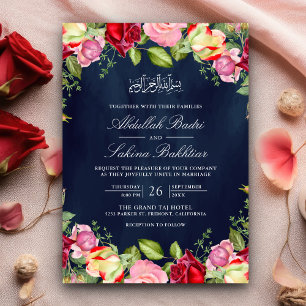 Invitation Roses rouges et roses Floral Navy Bleu Mariage mus