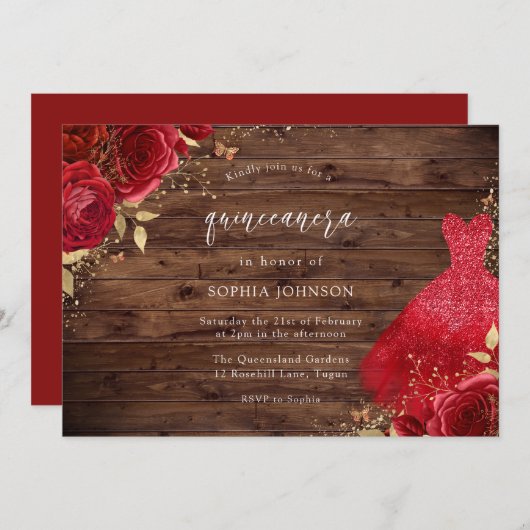 Invitation Roses Rouges Étincelle Robe Rustique Quinceanera P (Devant / Derrière)