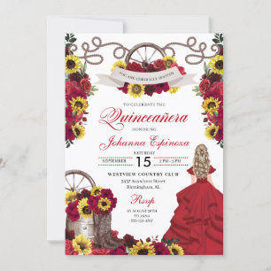 Invitation Roses rouges Fleurs de soleil Cowgirl Western Quin