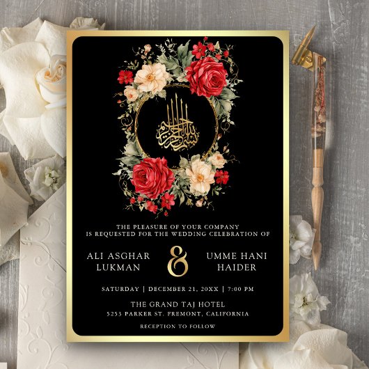 Invitation Roses rouges Fleurs d'ivoire Black Gold Mariage mu
