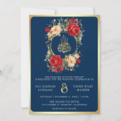 Invitation Roses rouges Fleurs d'ivoire Bleu Or Mariage musul (Devant)