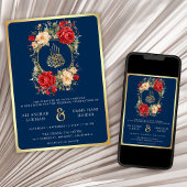 Invitation Roses rouges Fleurs d'ivoire Bleu Or Mariage musul