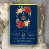 Invitation Roses rouges Fleurs d'ivoire Bleu Or Mariage musul