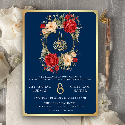 Invitation Roses rouges Fleurs d'ivoire Bleu Or Mariage musul