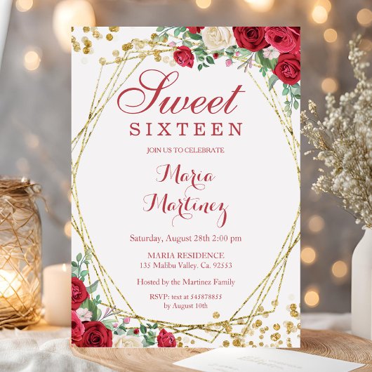 Invitation Roses Rouges Fleurs Douces 16e anniversaire Invita