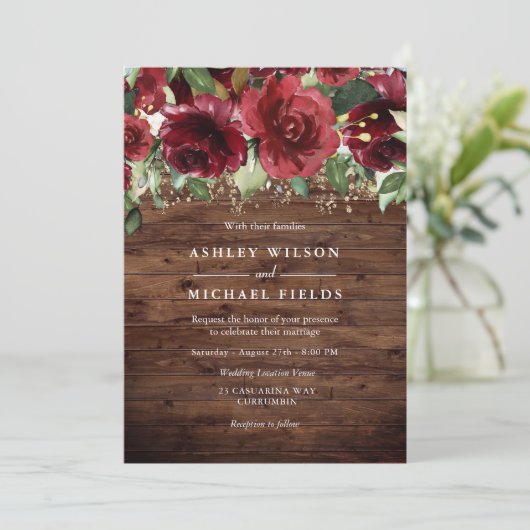 Invitation Roses rouges Fleurs Mariage campagnard rustique (Debout devant)