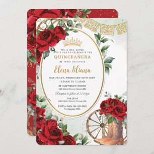 Invitation Roses Rouges Floral Charro Bottes Quinceañera Swee