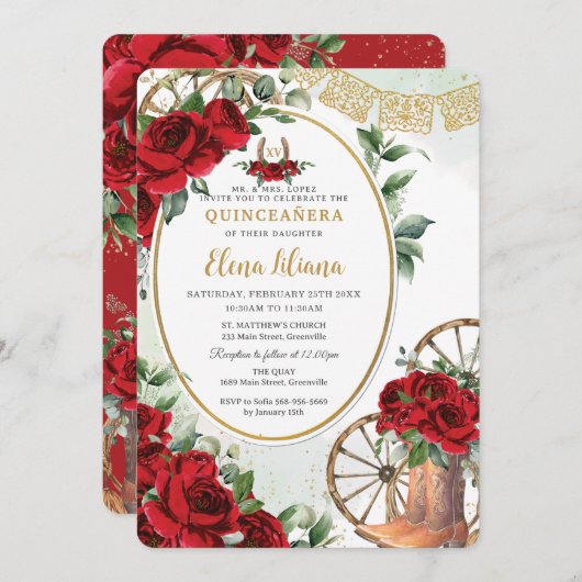 Invitation Roses Rouges Floral Charro Bottes Sweet 16 Quincea (Devant / Derrière)