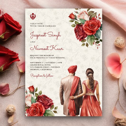 Invitation Roses rouges Floral Indien Punjabi Sikh Mariage