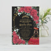 Invitation Roses rouges Floral Noir Charro Quinceañera (Debout devant)