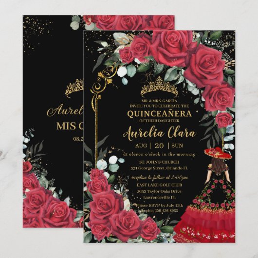 Invitation Roses rouges Floral Noir Charro Quinceañera (Devant / Derrière)