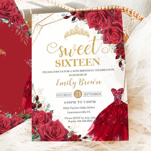 Invitation Roses rouges Floral or princesse robe sucré 16