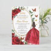 Invitation Roses rouges Floral Princesse robe or Quinceañera (Debout devant)