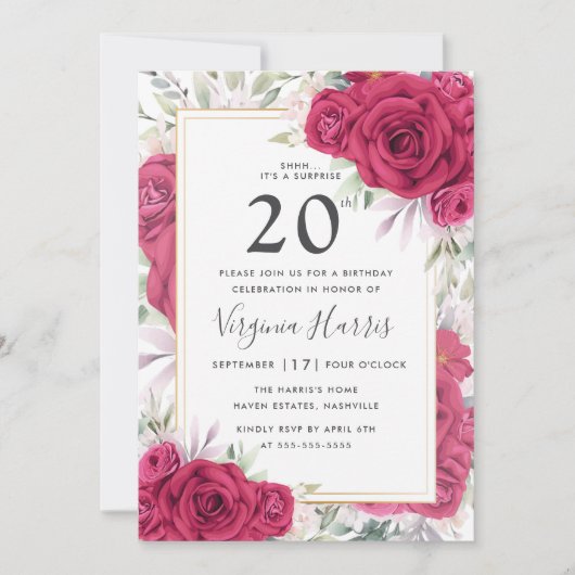 Invitation Roses rouges Floral Vingt-vingtième anniversaire (Devant)
