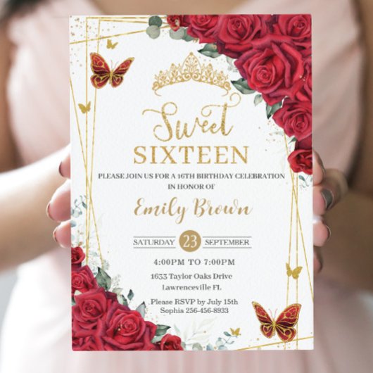 Invitation Roses Rouges Florales Papillons Dorés Sweet Seize