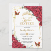 Invitation Roses Rouges Florales Papillons Dorés Sweet Seize (Devant)
